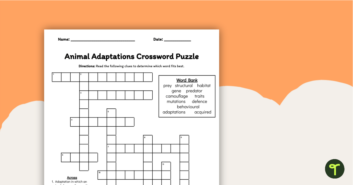 Animal Adaptations Crossword Puzzle teaching resource