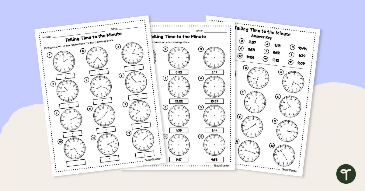 Free Telling Time to the Minute Worksheets teaching resource
