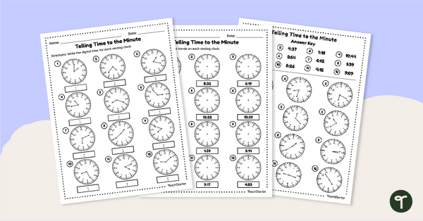 Go to Free Telling Time to the Minute Worksheets teaching resource