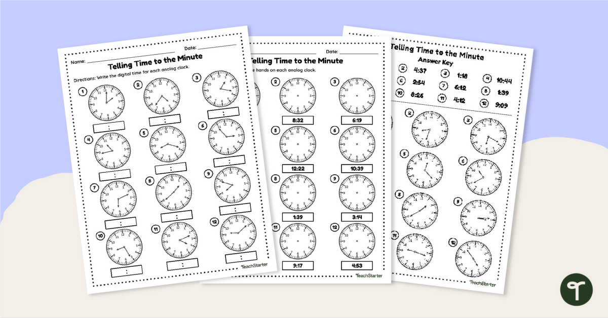 Free Telling Time to the Minute - Worksheet Pack teaching resource