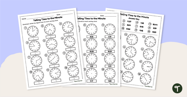 Go to Free Telling Time to the Minute - Worksheet Pack teaching resource