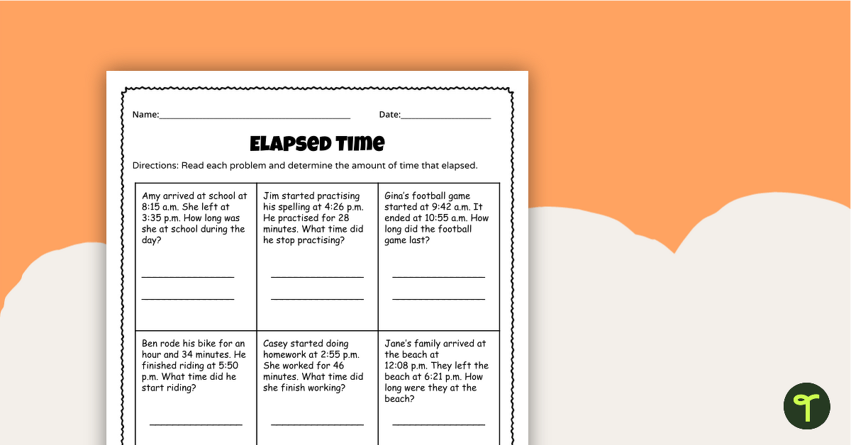 Elapsed Time Worksheet teaching resource