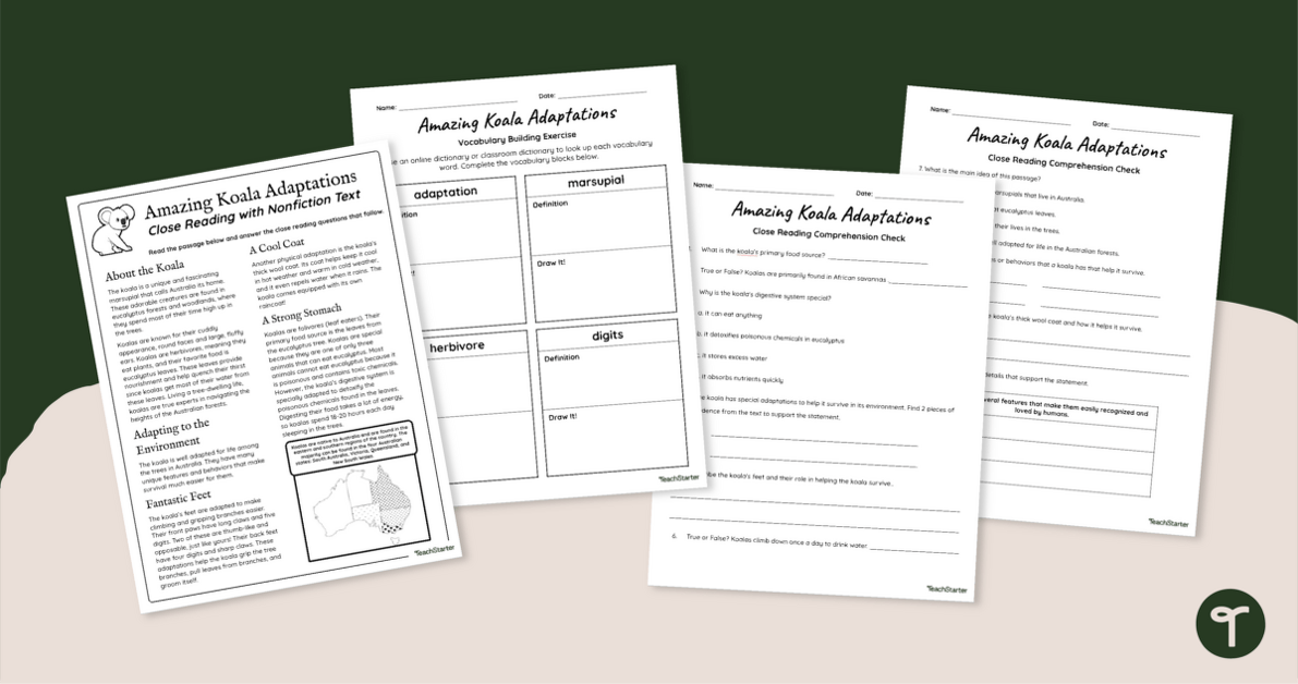 Koala Adaptations Comprehension Worksheets for 4th Grade teaching resource