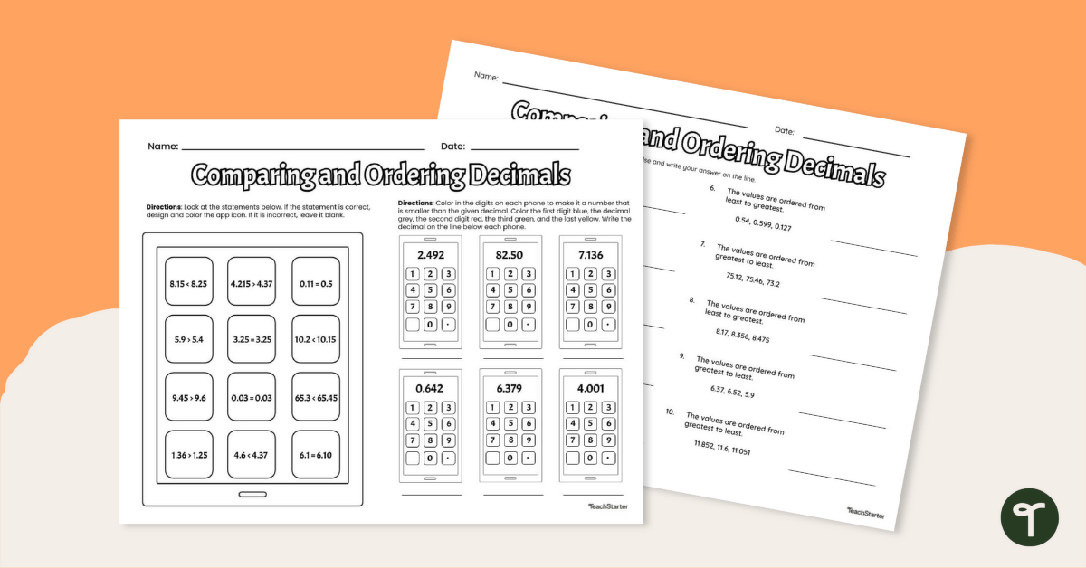 Comparing and Ordering Decimals Worksheet teaching resource