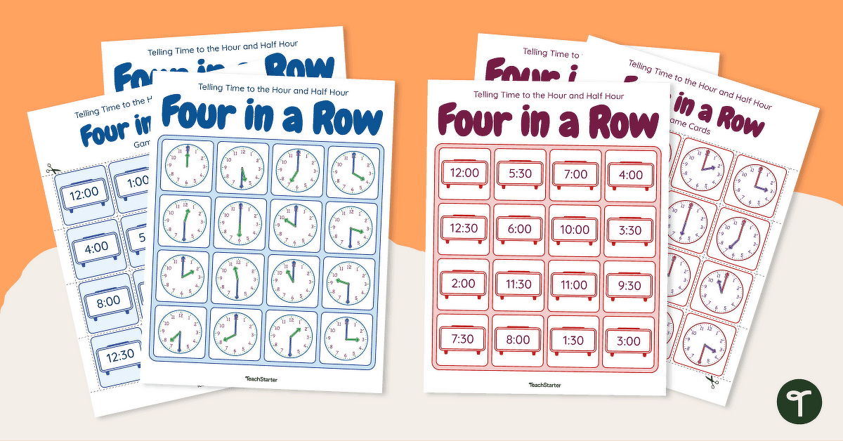 Four in a Row - Tell the Time Clock Game -Hour and Half Hour teaching resource