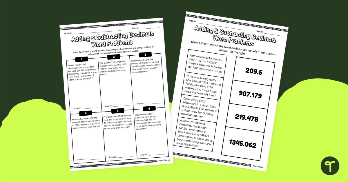 Adding and Subtracting Decimals Word Problems Worksheet teaching resource