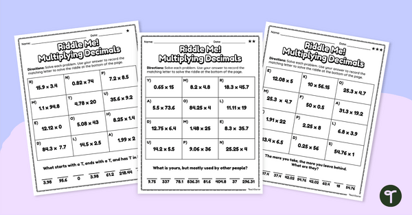 Go to Multiplying Decimals – Riddle Worksheets teaching resource