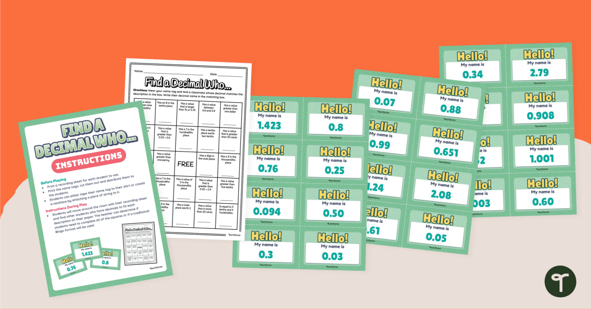Decimal Place Value Game – Find A Decimal Who... teaching resource