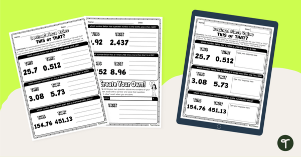Go to Decimal Place Value – Digital and Printable Worksheet teaching resource