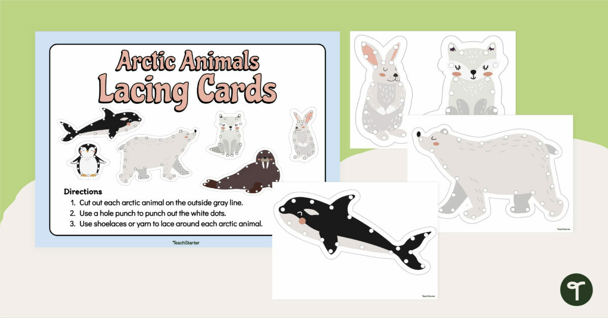 Preschool Arctic Animal Lacing Cards teaching resource