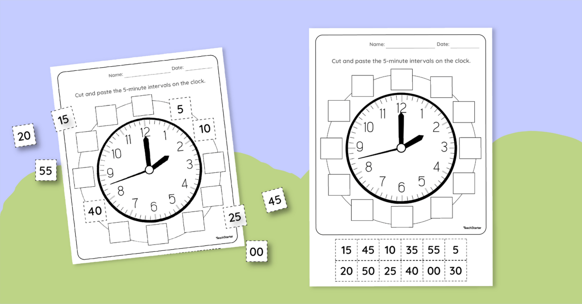 Clock Worksheet Cut and Paste– 5-Minute Intervals teaching resource