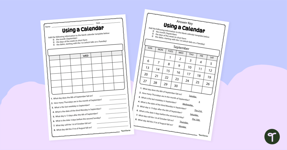 Reading a Calendar – Worksheets teaching resource