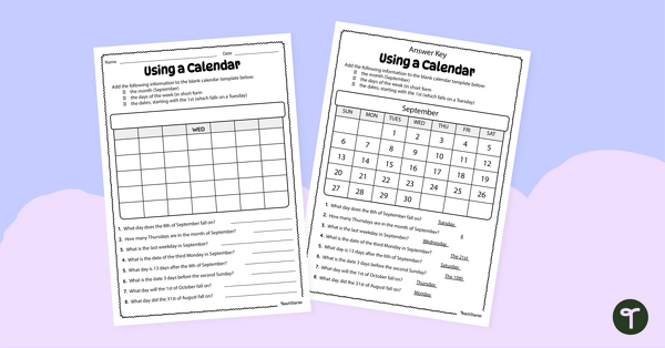 Go to Reading a Calendar – Worksheet teaching resource