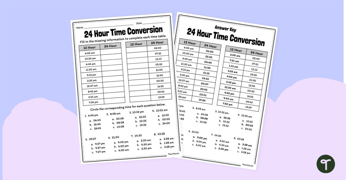 Converting Time Worksheet - 12 to 24 Hour Time teaching resource