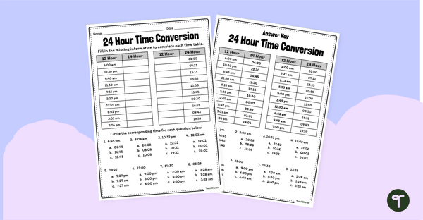Image of Converting Time Worksheet - 12 to 24 Hour Time