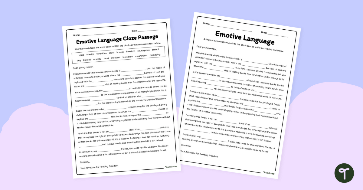 Emotive Language Cloze Passage Worksheet teaching resource