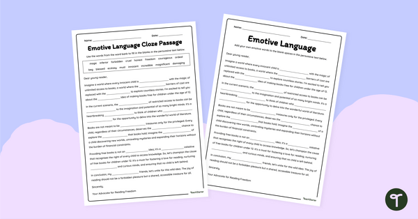 Go to Emotive Language Cloze Passage Worksheet teaching resource