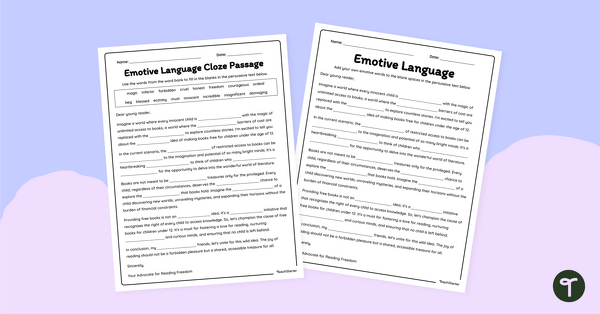 Image of Emotive Language Cloze Passage Worksheet
