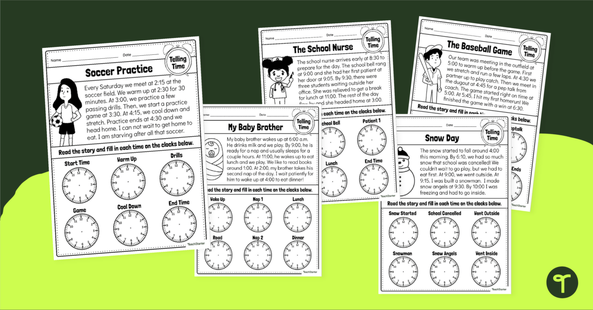 Telling Time Story Problem Comprehension Pack teaching resource