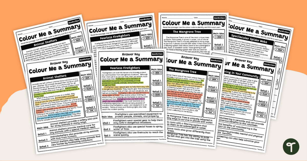 Colour-Coding Summarising Nonfiction Text Worksheets teaching resource