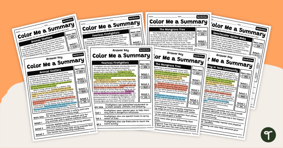 Color-Coding Summarizing Nonfiction Text Worksheets teaching resource