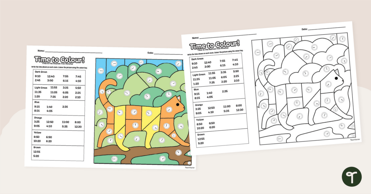 Time to 5 Minutes- Colour By Code Worksheet teaching resource