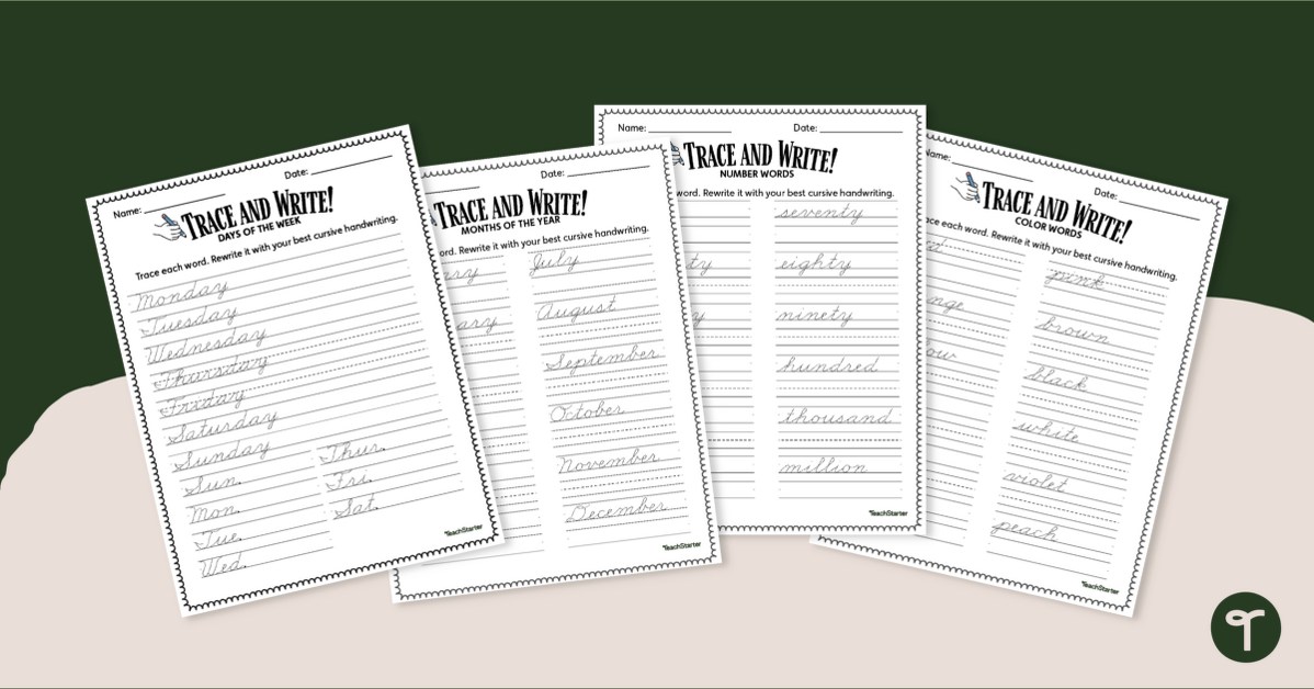 Cursive Handwriting Worksheets - Days, Months, Colours, and Numbers teaching resource
