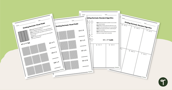 Image of Dividing Decimals by Whole Numbers Worksheet Pack