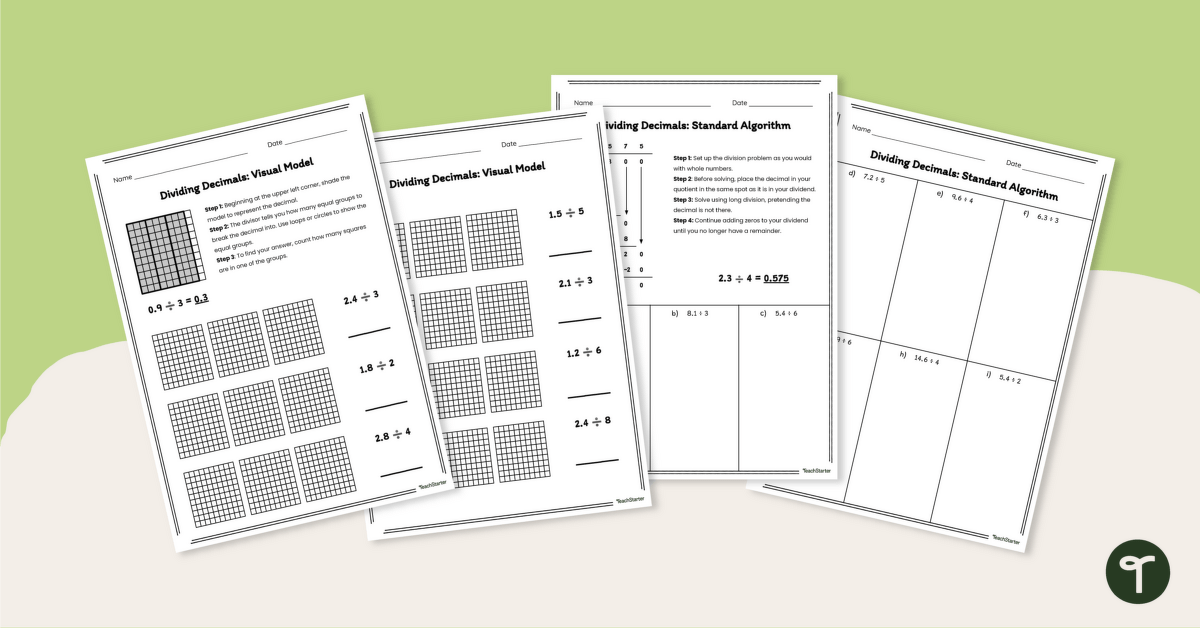 Dividing Decimals by Whole Numbers Worksheet Pack teaching resource