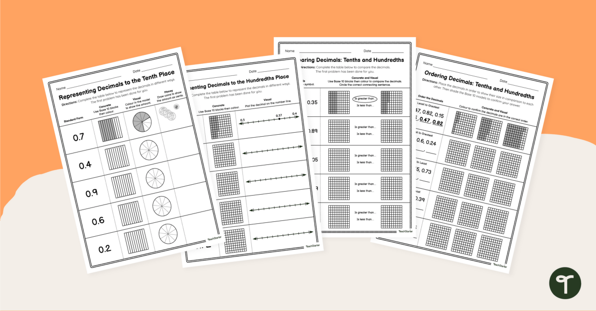 Tenths and Hundredths as Decimals Worksheet Pack teaching resource