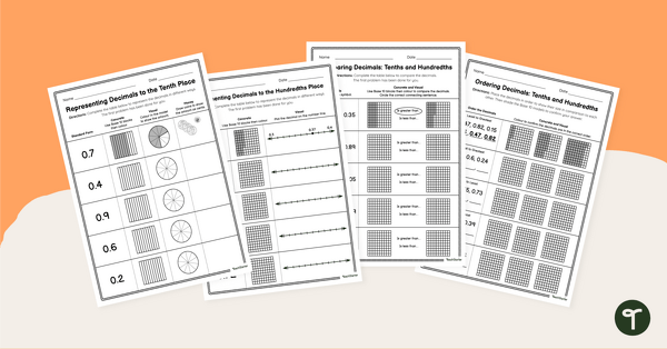 Image of Tenths and Hundredths as Decimals Worksheet Pack