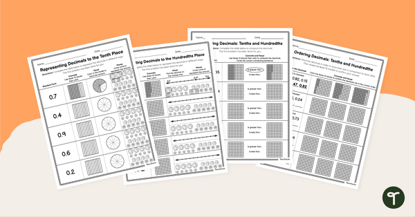 Go to Tenths and Hundredths as Decimals Worksheet Pack teaching resource