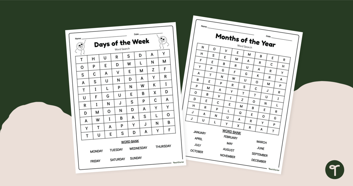 Days of the Week - Months in a Year Word Search Worksheets teaching resource