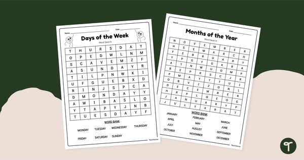 Go to Days of the Week - Months in a Year Word Search Worksheets teaching resource