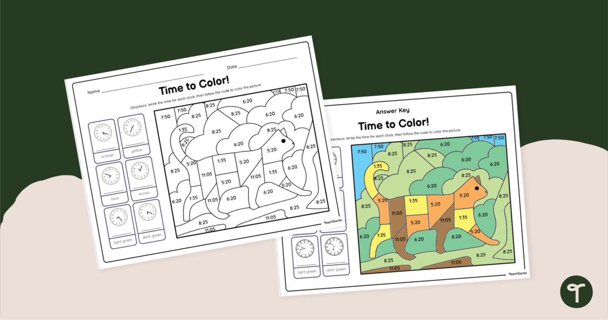 Color By Code Worksheet- Telling Time to 5 Minutes teaching resource