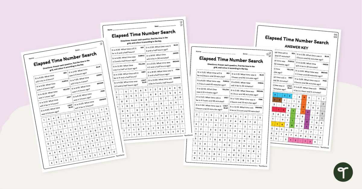 Elapsed Time Number Search Worksheets teaching resource