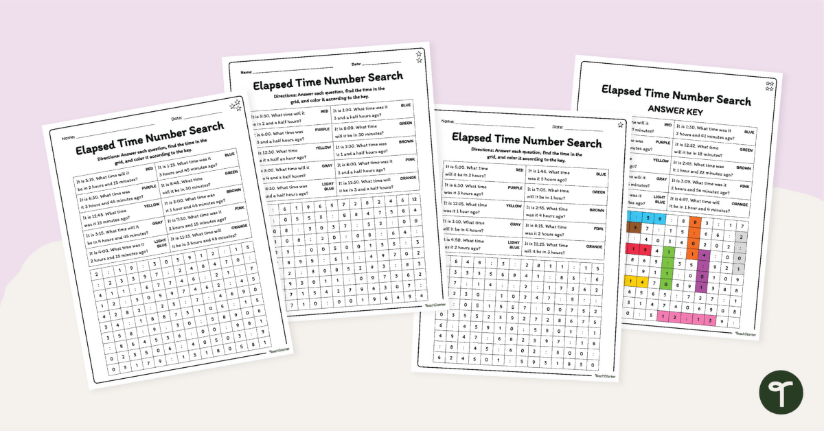 Elapsed Time Number Search Worksheets teaching resource