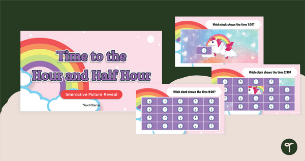 Go to 1st Grade Telling Time Game - Mystery Reveal teaching resource
