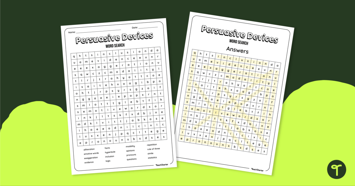 Persuasive Devices Word Search teaching resource