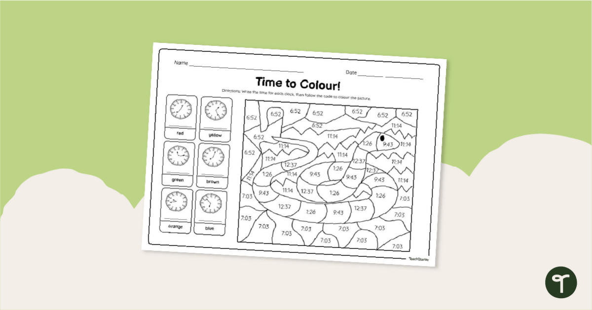 Time to the Minute - Colour by Code Worksheet teaching resource