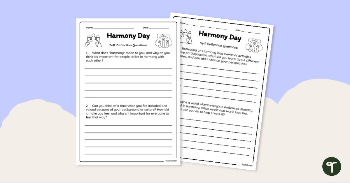 Harmony Day Reflection Worksheet teaching resource