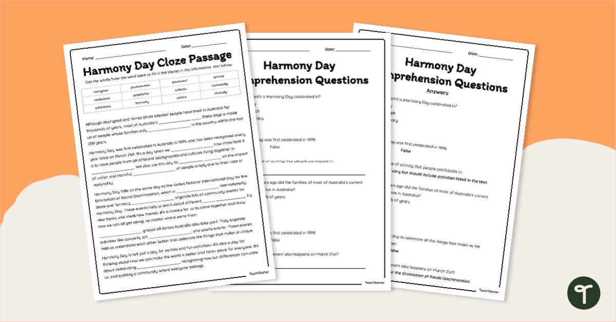 Harmony Day Cloze and Comprehension Worksheets teaching resource