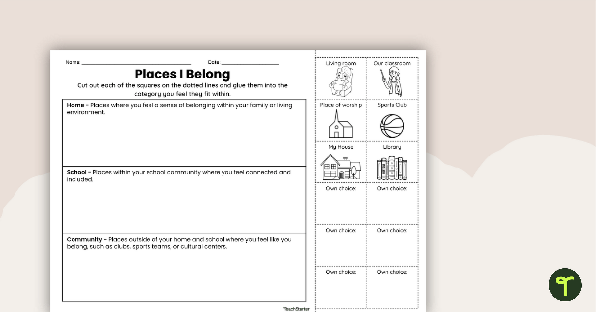Places I Belong Cut-and-Paste Worksheet teaching resource