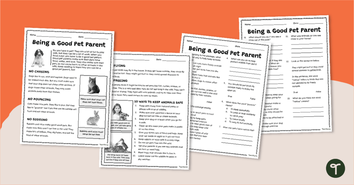 2nd Grade Reading Passage & Worksheet- Being a Good Pet Parent teaching resource