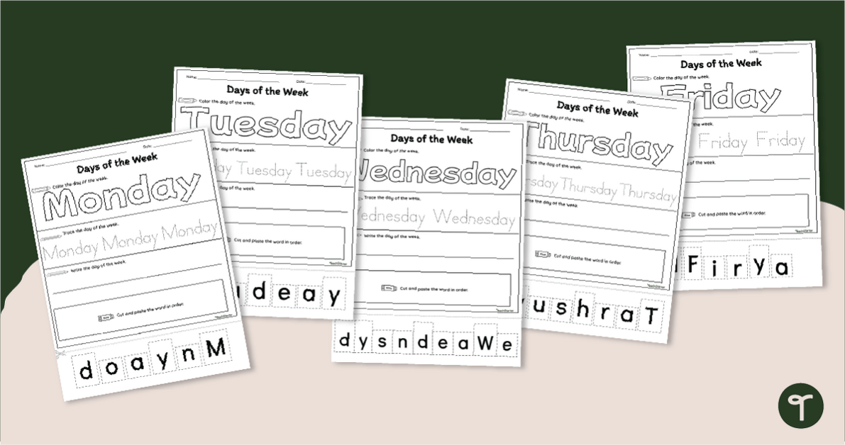 Days of the Week Spelling Worksheets teaching resource