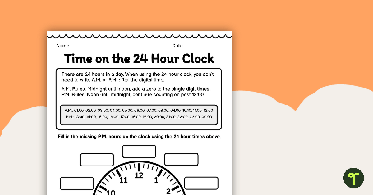 Telling 24 Hour Time - Clock Worksheet teaching resource