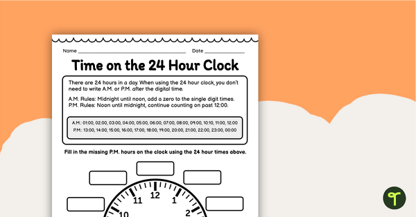 Go to Telling 24 Hour Time - Clock Worksheet teaching resource