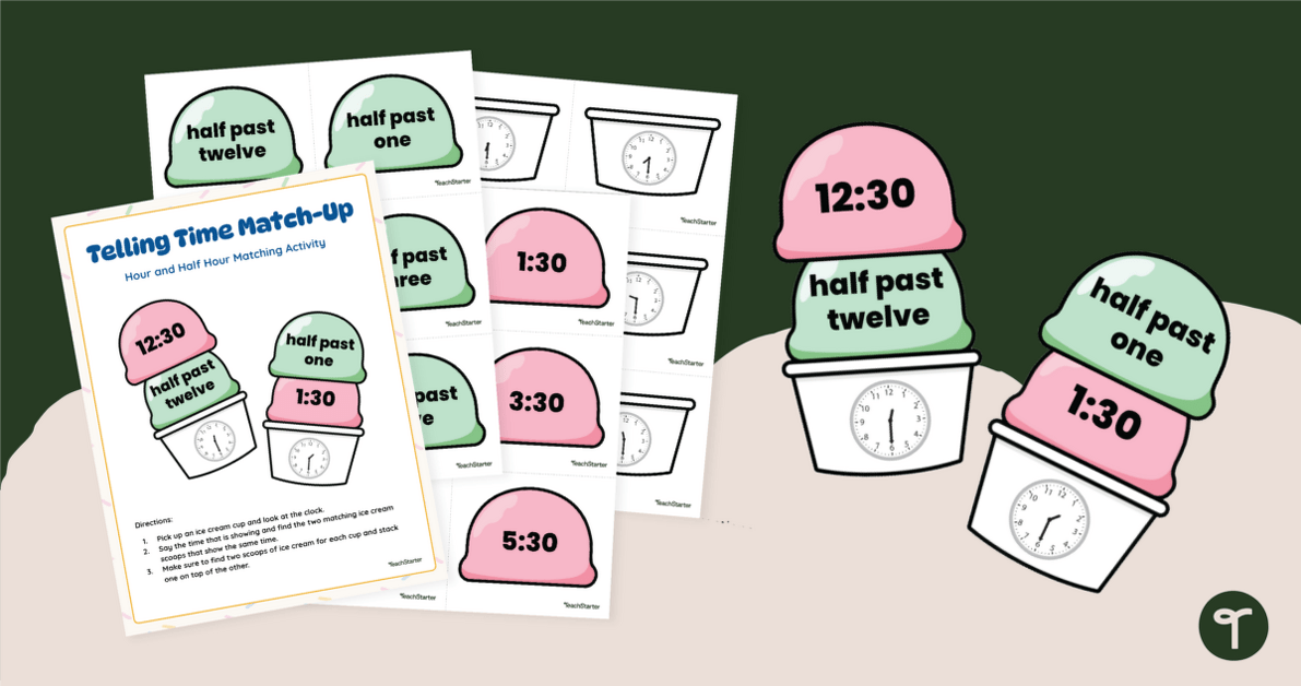 Time Matching Game - Hour and Half Hour Ice Cream Cones teaching resource