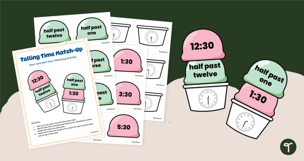 Go to Year 2 Telling Time Game - Hour and Half Hour Ice Cream Match teaching resource