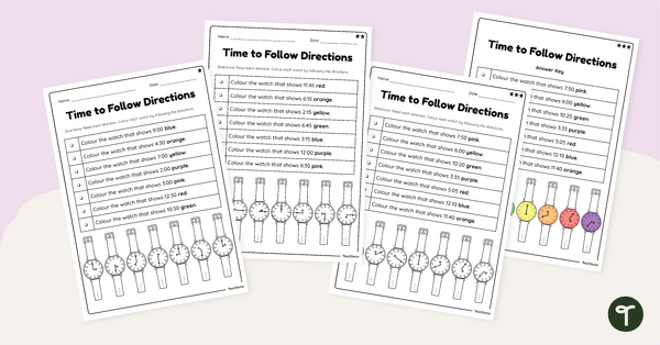 Go to Following Directions Worksheets - Reading a Clock Review teaching resource